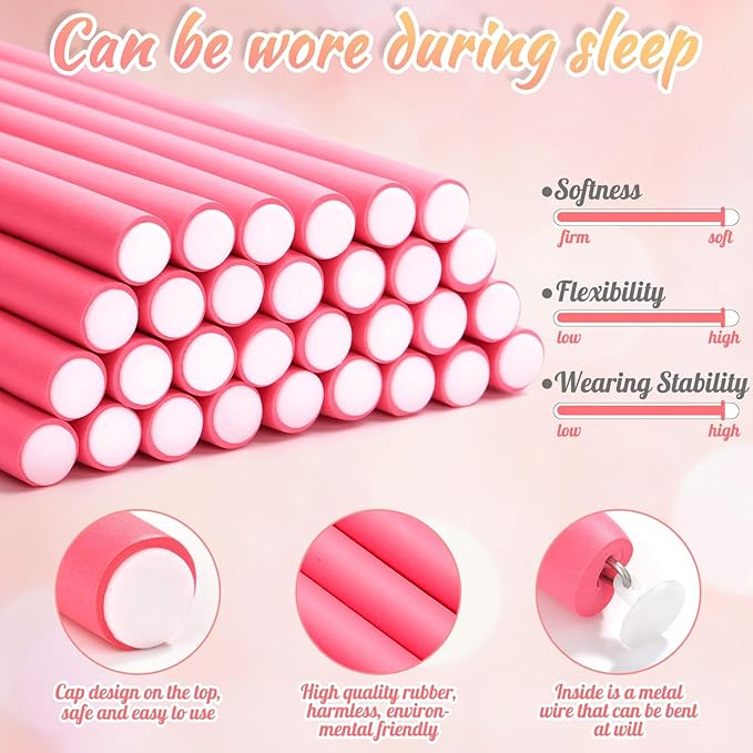 Selizo 30Pcs 9.45"x0.55" Flexible Hair Rollers, Foam Curlers for Short, Medium and Long Hair, No Heat Curlers, Hair Rods - Pink(Diameter 0.55')-Velvo Beauty