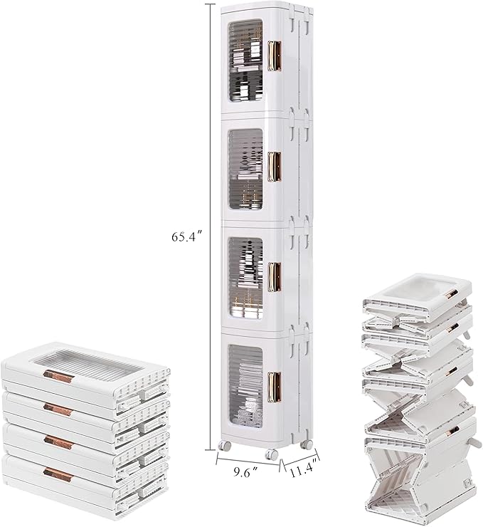 VECELO 4-Tier Plastic Tall Narrow Storage Cabinet with Movable Wheels, Adjustable Shelves, Magnetic Doors, Slim Bathroom Organizers and Storage for Small Space, Bathroom, Kitchen, Laundry, White-Velvo Beauty