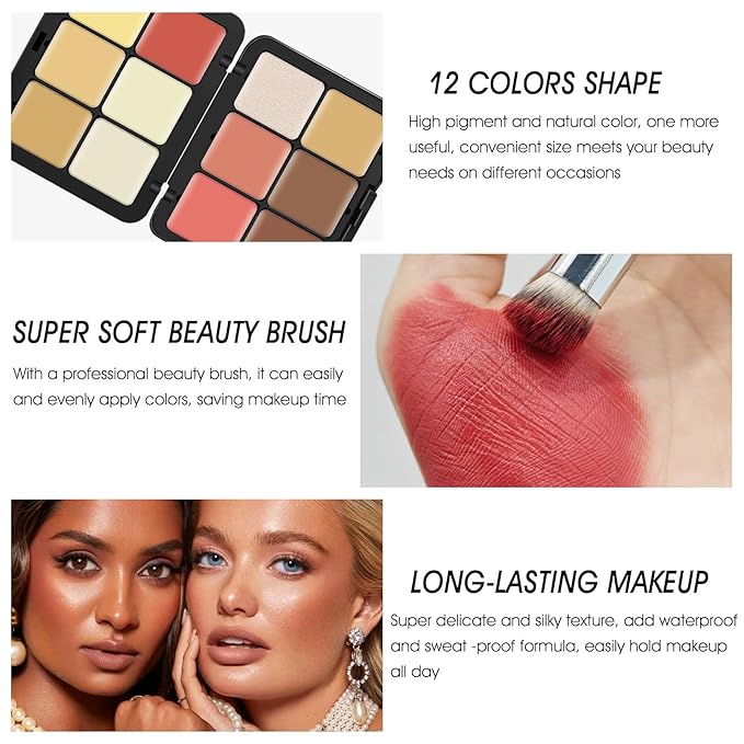 12 Colors Cream [Blush+Contour+Concealer+Highlighter] Makeup Palette for Cheeks - Multi-functional Makeup Palette with Brush, Natural Matte Long Wearing, Waterproof Face Makeup Palette (#05)-Velvo Beauty