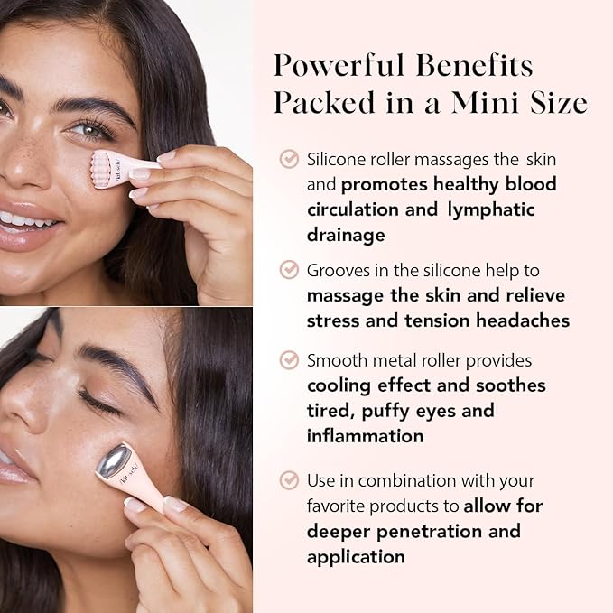 Kitsch Mini Facial Roller & Ice Face Roller Skin Care Tool Set for Women - Face Massager for Puffy Eyes, Cold Therapy, Lymphatic Drainage Massager, Self Care Gifts for Women & Men - Blush-Velvo Beauty