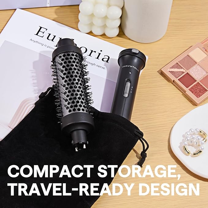 Wavytalk Thermal Brush, 1 1/2 inch Heated Round Brush with Detachable Head, Velvet Pouch and Dual Voltage for Travel, Easy to Create Blowout Look, Classic Black-Velvo Beauty