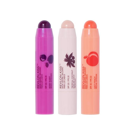 Revlon Lip Balm, Kiss Tinted Lip Balm, Face Makeup with Lasting Hydration, SPF 20, Infused with Natural Fruit Oils, 3 Piece Set, Juicy peach, Berry Burst & Coconut, 0.09 Oz-Velvo Beauty