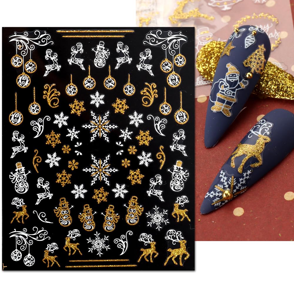 JMEOWIO 9 Sheets Christmas Nail Art Stickers Decals Self-Adhesive Pegatinas Uñas Bling Snowflake Snowman Holiday White Gold Nail Supplies Nail Art Design Decoration Accessories-Velvo Beauty