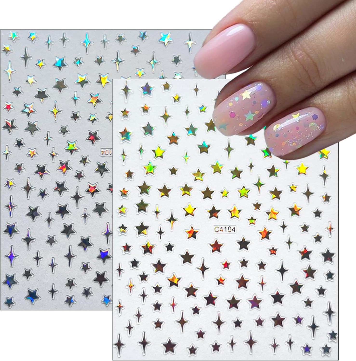 7Sheets Star Nail Art Stickers Decals 3D Self-Adhesive Shiny Black White Rose Gold Stars Nail Decals Holographic Laser Gold Silver Glitter Star Nail Design for Acrylic Manicure DIY Women Nail Decor-Velvo Beauty