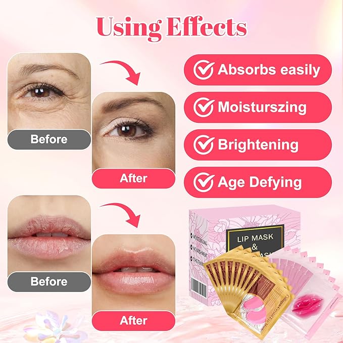 30 Pads Lip Masks & Eye Masks,Under Eye Mask Skincare,Crystal Collagen Lip Mask Sheet,Under Eye Patches for Puffy Eyes and Dark Circles,Moisturizing,Anti-Aging,Reducing Fine Lines,Pink-Velvo Beauty