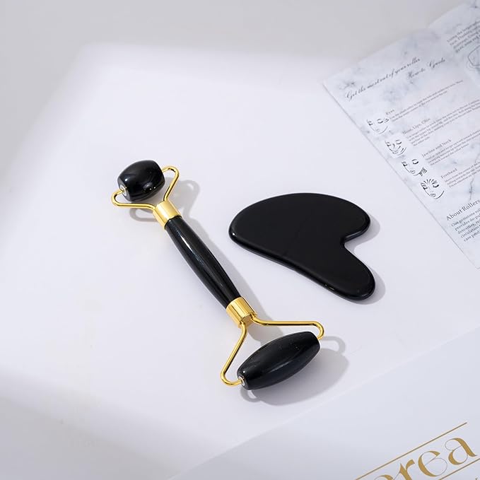Yssarea Obsidian Roller and Gua Sha - Face Roller | 100% Natural Obsidian Stone Set | Dual Sided Face Massager | Reduces Signs of Aging, Black-Velvo Beauty