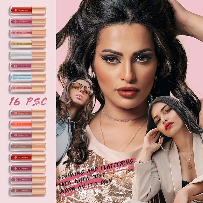 Color Nymph 16 PCS Lip Glosses Collection, Shimmery Lip Glosses for Women and Girls, Long Lasting Color Lip Gloss Set with Rich Varied Colors (Iridescent Pink)-Velvo Beauty