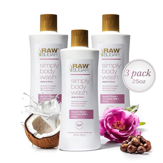 RAW SUGAR Simply Body Wash, Beach Rose + Coconut Milk + Shea (25 Fl Oz, Pack of 3) Sensitive Skin Bath Soap, Formulated without Sulfates & Parabens…-Velvo Beauty