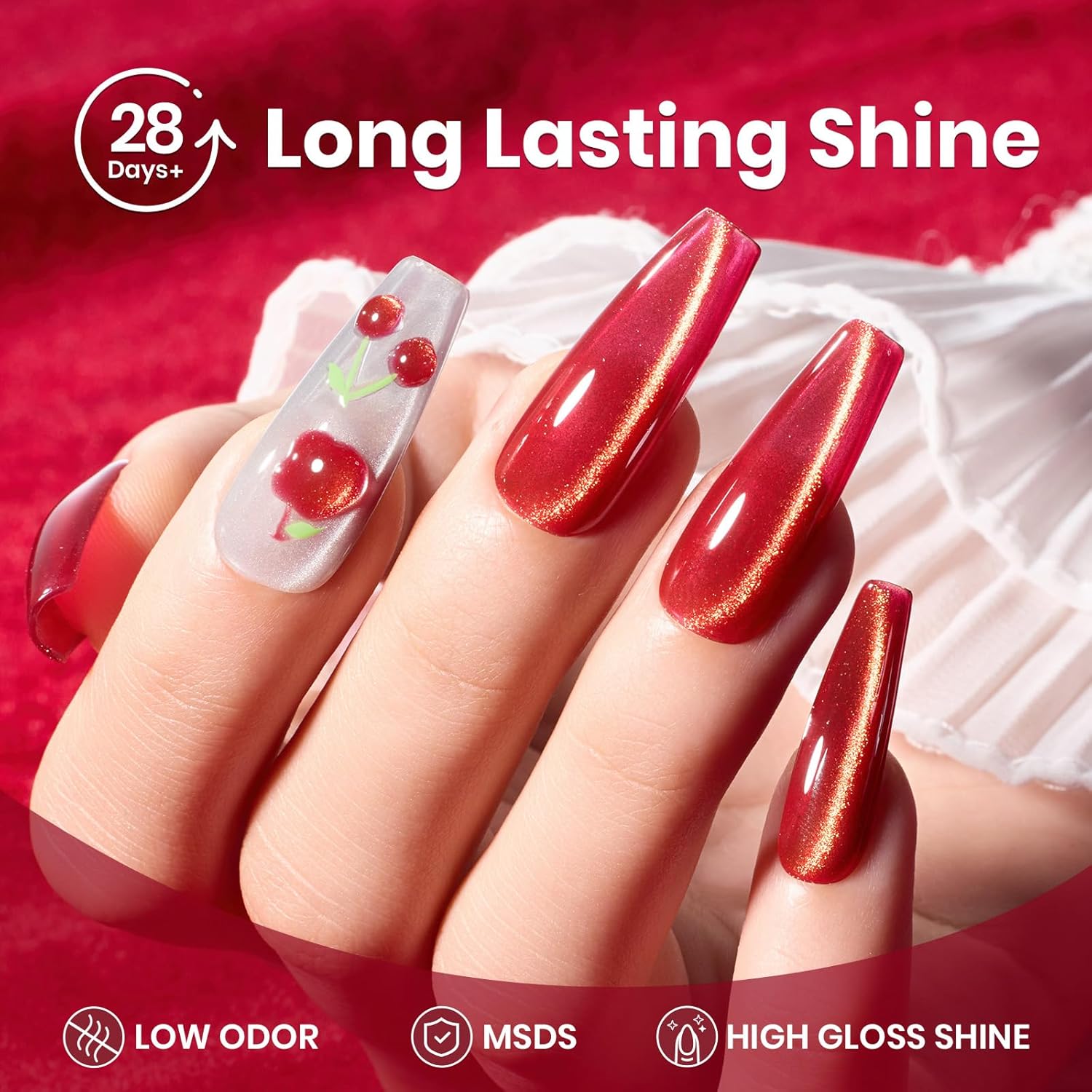 Beetles Red Cat Eye Gel Nail Polish - 15ML Cherry Red Glass Magnetic Cat Eye Glitter Gel Polish with Gold Powder Soak Off UV Twilight Toast Collection Nail Art Design Manicure Gifts for Women-Velvo Beauty