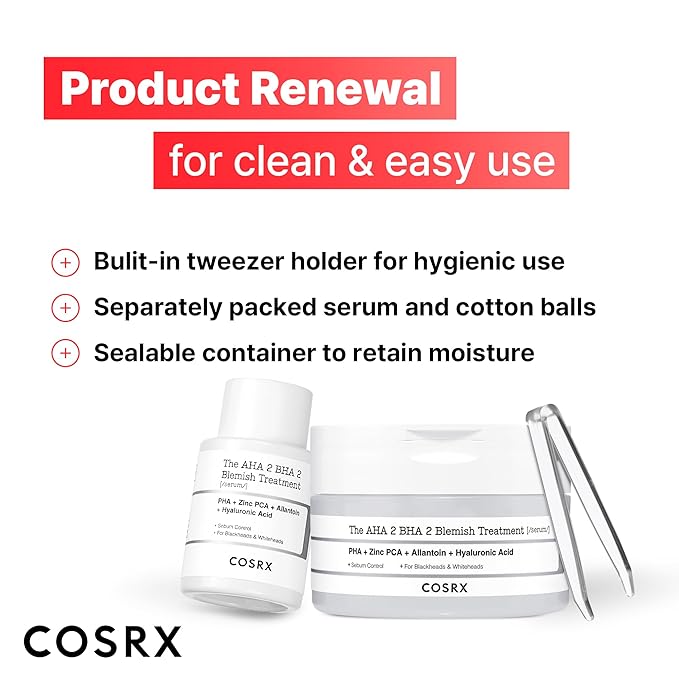 COSRX AHA 2% BHA 2% Blemish Treatment Serum, 60+ Pure Cotton Balls, Quick & Easy Daily Spot Treatment, Blackheads & Whiteheads, Sebum Control, Paraben Free, Phthalates Free, Korean Skin Care-Velvo Beauty