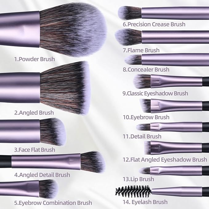 BS-MALL Travel Makeup Brush Set Foundation Powder Concealers Eye Shadows Makeup Set with LED light Mirror 14 Pcs (Purple)-Velvo Beauty