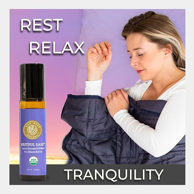 Silk Road Organic Restful Ease Essential Oil Sleep & Stress Blend Roll On - 100% Pure USDA Certified with Indian Sandalwood - Stress Ease Aromatherapy & Calming Relaxation - 10 ml Roller-Velvo Beauty