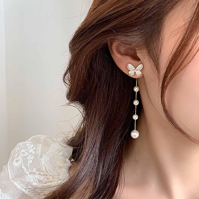 Vintage Butterfly Pearl Drop Earrings Gold Pearl Chain Earrings Long Pearl Tassel Earrings White Butterfly Stud Earrings Wedding Pearl Earrings Jewelry for Women-Velvo Beauty