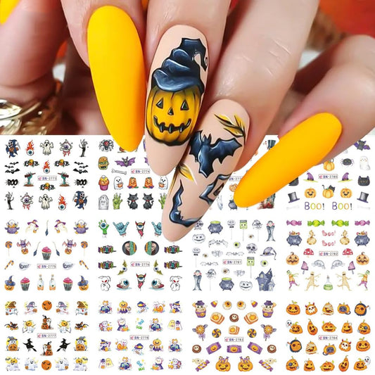 Halloween Nail Stickers 12 Sheets Pumpkin Halloween Nail Art Supplies Decorations Water Transfer Nail Decals Cute Ghost Witch Bat Skeleton Spider Design Watermark Slider Nail Foils for Women DIY-Velvo Beauty