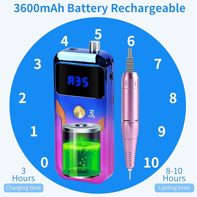 Portable Nail Drill Professional 35000 RPM, MOCOWIND Rechargeable Electric Nail File Machine for Acrylic Nails Gel Polishing Removing, Cordless E-File with Bits for Manicure Salon Home, Blue & Purple-Velvo Beauty