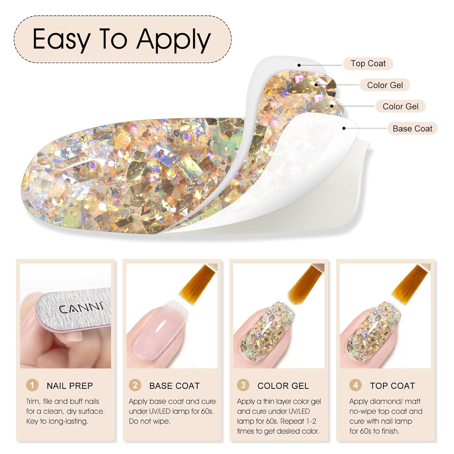 CANNI Glitter Gel Nail Polish – 9ML Broken Gold Prism Flash Gel Polish, Holographic Gold, Soak Off UV LED Nail Art Salon & DIY Manicure at Home-Velvo Beauty