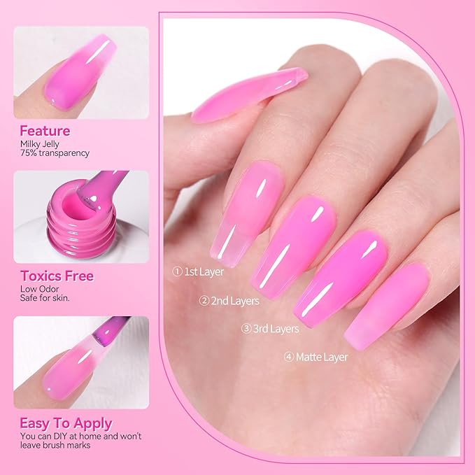 Born Pretty Jelly Gel Nail Polish Set - Milky Jelly Hot Pink Translucent Gel Polish - Spring Summer Neon Pink Valentine's Day Gift 6PCS-Velvo Beauty