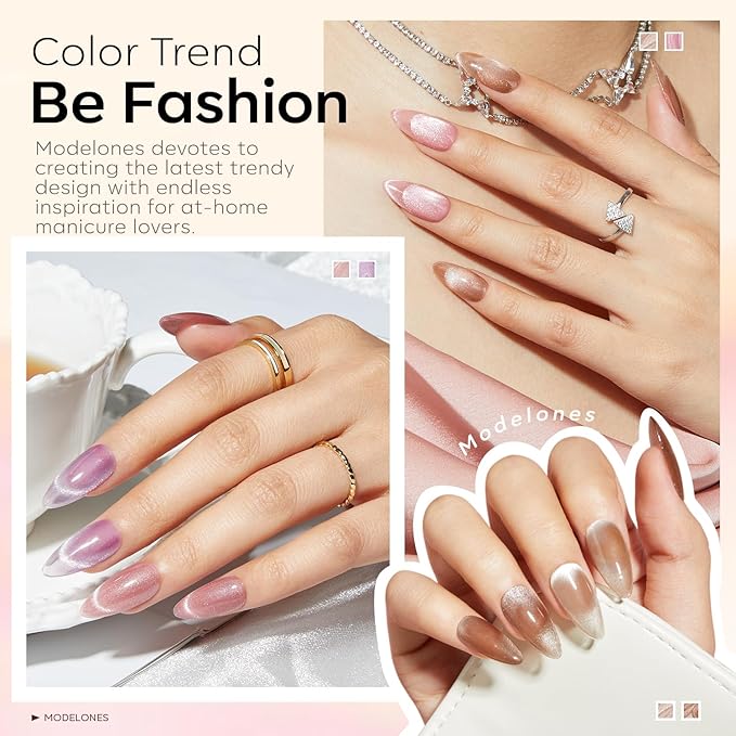 modelones Cat Eye Gel Nail Polish 6 Colors Nude Pink Brown Purple Cat Eye Nail Polish Glitter Semi-transparent Holographic 9D With Magnet Pastel All Seasons Soak Off Led Nail Art DIY Salon Gifts-Velvo Beauty
