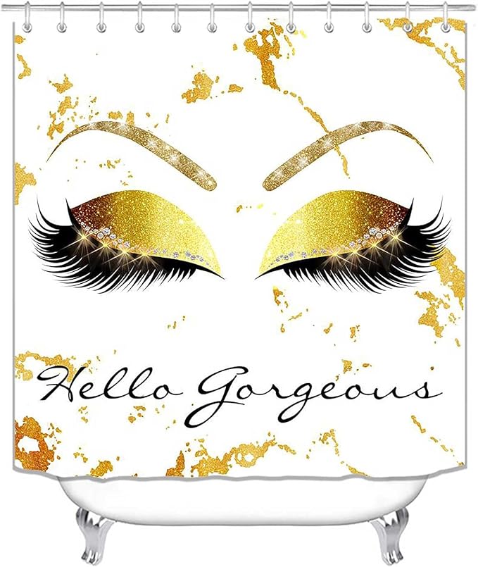 4PCS Hello Gorgeous Unicorn Eyelash Shower Curtain Set with Rugs, Luxury Diamond Gold Glitter Eyebrow Eyeshadow Makeup White Marble Glam Modern Fashion Women Bathroom Decor, Hello Gorgeous-Velvo Beauty