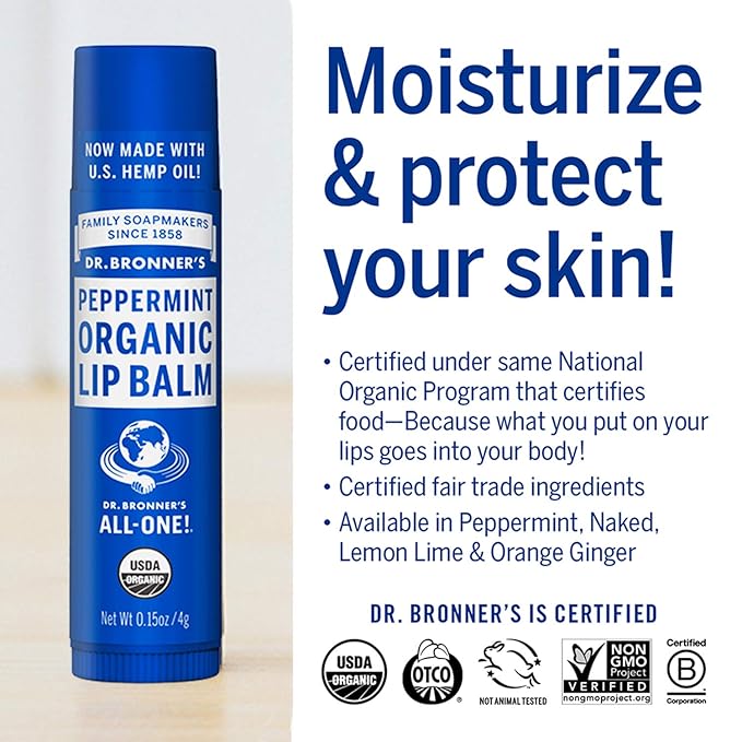 Dr. Bronner's - Organic Lip Balm (Peppermint, 0.15 ounce, 6-Pack) - Made with Organic Beeswax and Avocado Oil, For Dry Lips, Hands, Chin or Cheeks, Jojoba Oil for Added Moisture, Cooling and Hydrating-Velvo Beauty