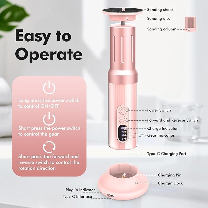Electric Foot Callus Remover Cordless Electric Foot Filer Kit with 6Speeds Chagring Dock Callus Remover for Women Feet and Nail (Pink)-Velvo Beauty