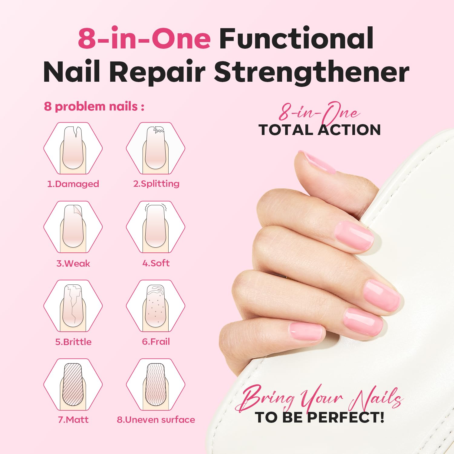 modelones Nail Strengthener Jelly Pink Nail Polish Repair 8-in-One Nail Ridge Filler Nail Strengthener and Growth for Damaged Nails 15ml-Velvo Beauty