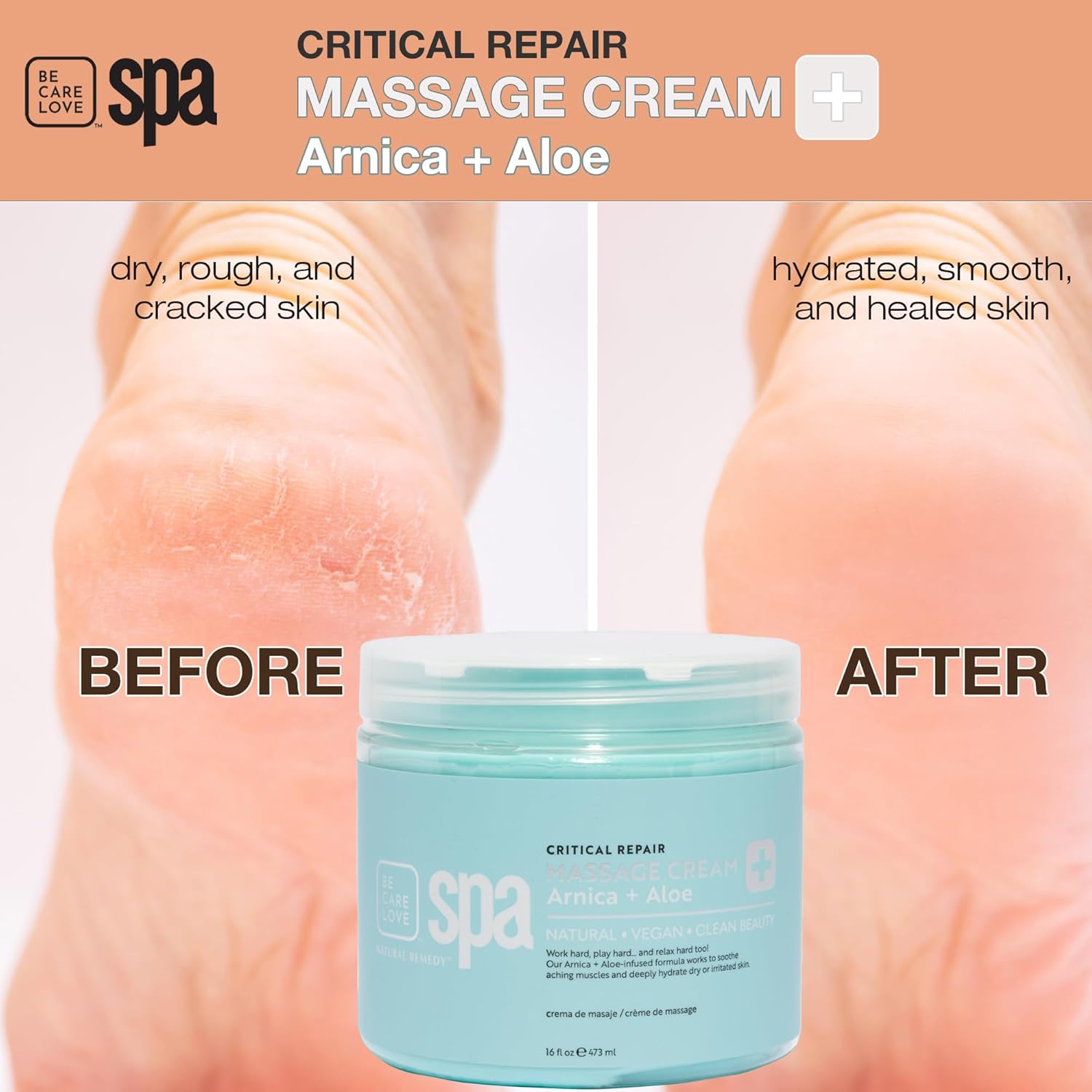Be Care Love Spa Critical Repair Massage Cream with Organic Arnica and Organic Aloe Natural Vegan Clean Beauty Made in USA 16 fl oz-Velvo Beauty