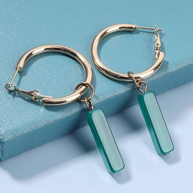 Boho Rectangle Green Jade Earrings Green Marbled Earrings Gold Circle Leverback Dangle Earrings Vintage Circle Hoop Dangle Earrings Jewelry for Women and Girls-Velvo Beauty