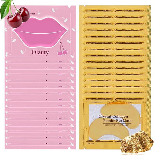 30 Pieces Lip Mask & Under Eye Mask,24K Gold Gel Crystal Collagen Eye Patches, Cherry Lip Masks Skincare,Moisturizing& Reducing Reducing Fine Lines & Dark Circle for Puffy Eyes-Velvo Beauty