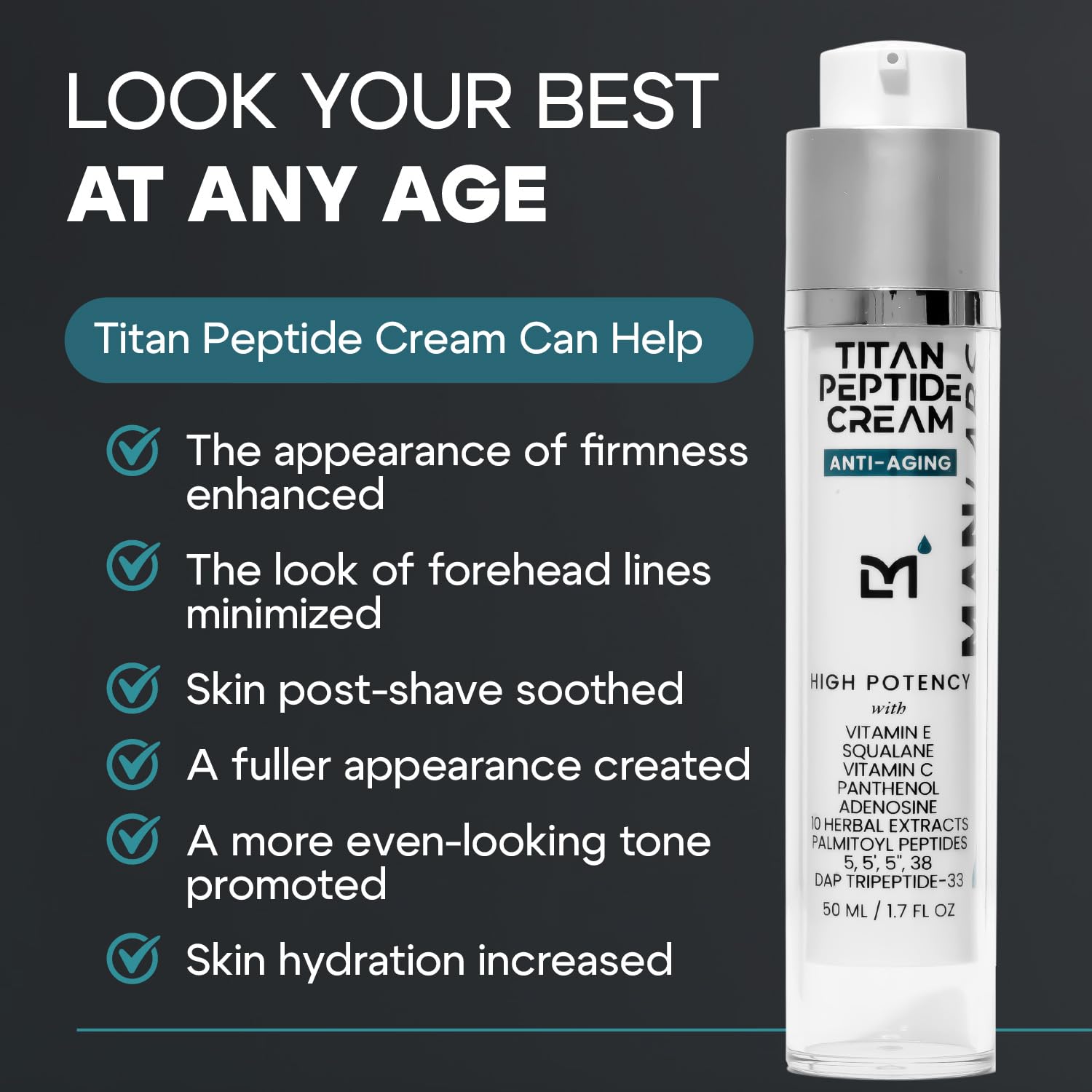 Titan Peptide Anti-Aging Mens Face Cream – Mens Face Moisturizer – For Men, Face Lotion – Men, Skin Care – Tighten, Firm, Revitalize – Peptides, Vitamin C & E, Squalane – All Skin – Unscented-Velvo Beauty