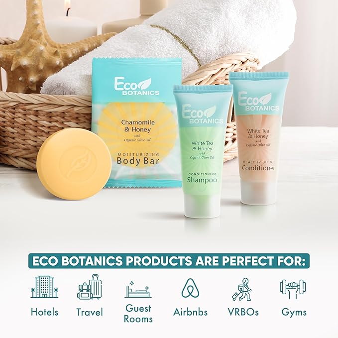 Eco Botanics Hotel Soaps and Toiletries Bulk Set | 1-Shoppe All-In-Kit Amenities for Hotels & Airbnb | 0.85 oz Hotel Shampoo & Conditioner, 0.89 oz Bar Soap Travel Size | 150 Pieces-Velvo Beauty