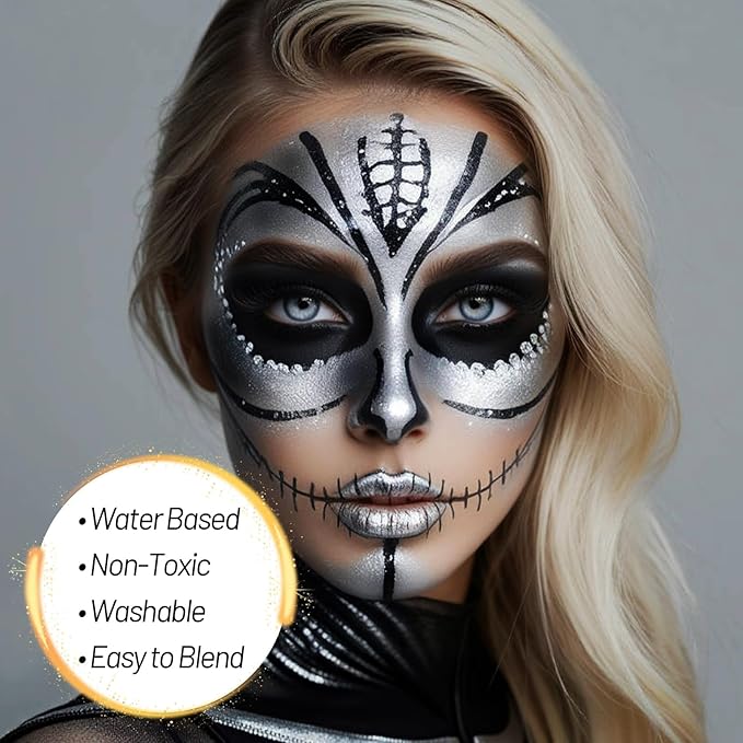 Sliver Water Based Face Body Paint, 2.37 OZ Large Tube Full Coverage Face Paint for Skull Goth Cosplay, Washable Metallic Silver Body Painting Cream for Adult Carnival Halloween SFX Makeup-Velvo Beauty