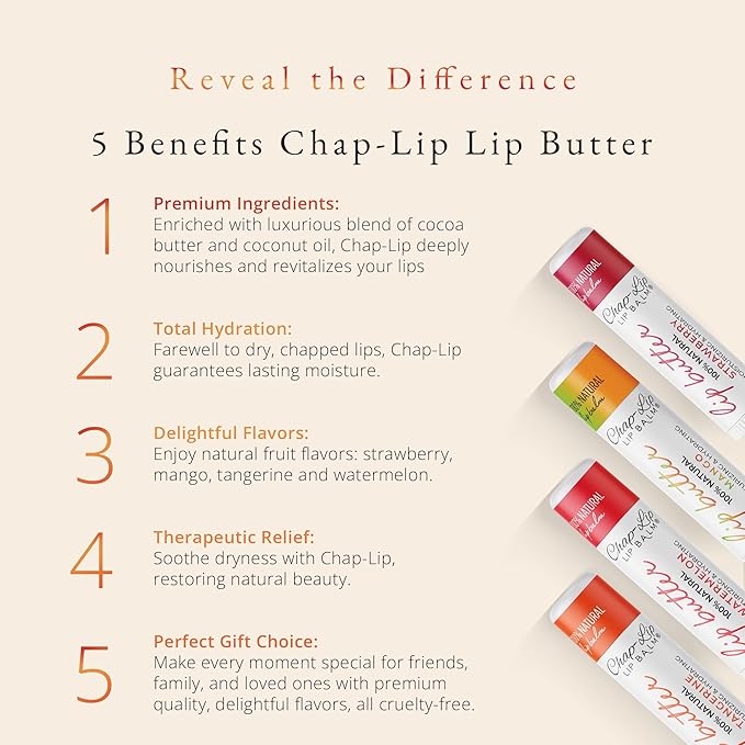 CHAP-LIP 100% All Natural Lip Balm Hydrating Bulk Chap Stick with Fruit Flavors, Coconut Oil, and Cocoa Butter - Lip Therapy Pack for Men and Women - Gift Set Made in the USA, 24 Pack-Velvo Beauty