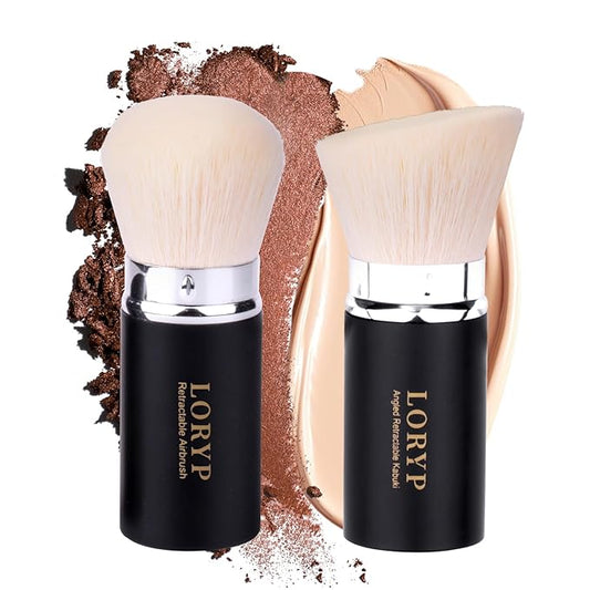 LORYP Retractable Makeup Brush Matte Black Kabuki Foundation Brush for liquid Cream and Powder Makeup 2 Pack Travel Makeup Brush Set-Velvo Beauty
