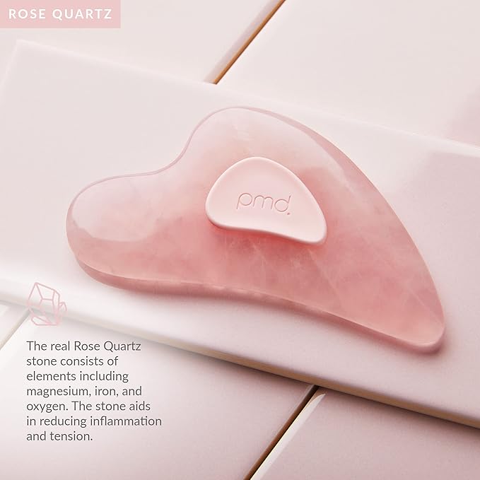 PMD Beauty Gua Sha Facial Tools - Massaging, Sculpting and Depuffing Guasha Tool for Face with Rose Quartz and Silicone Grip - Reduce Tension & Inflammation-Velvo Beauty