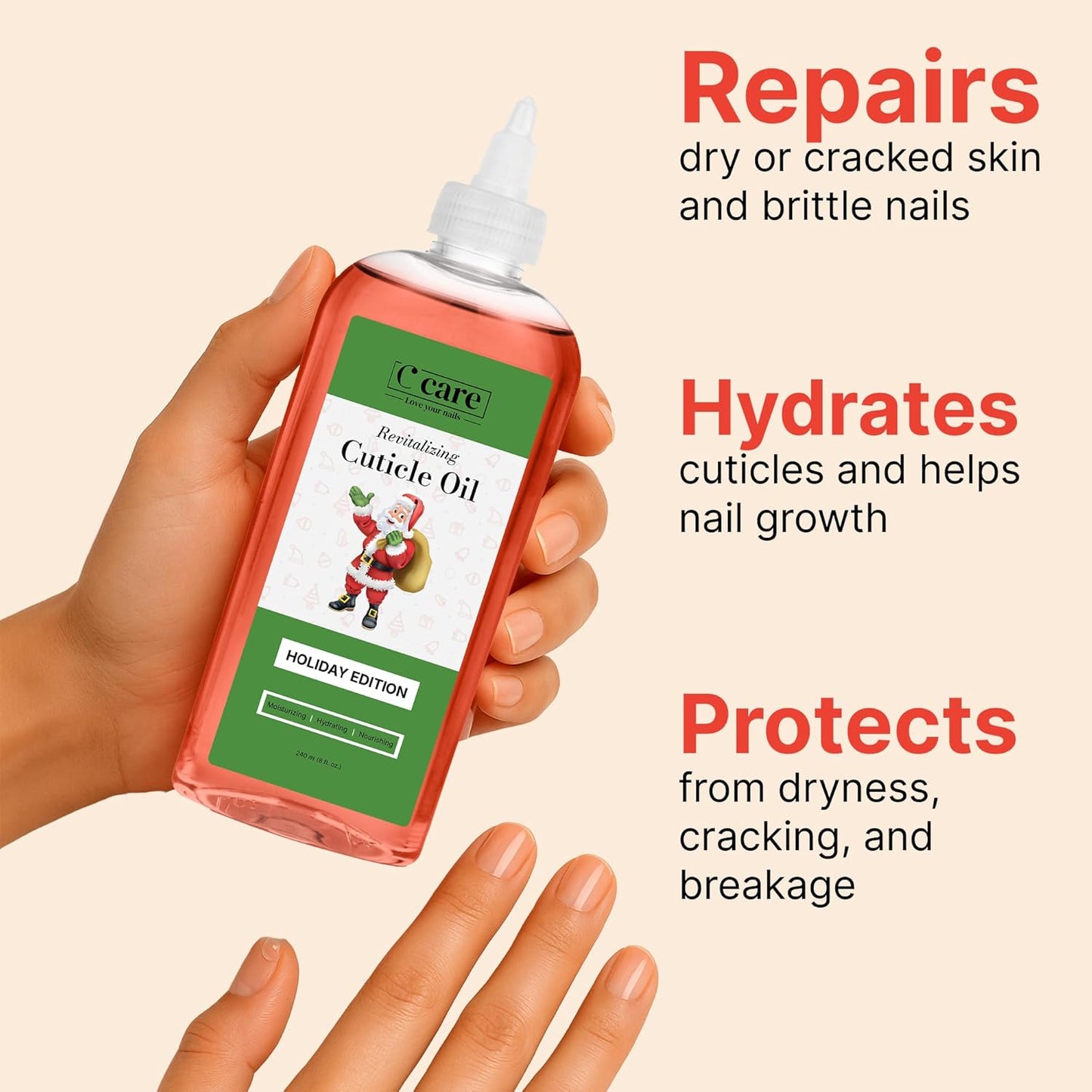 C CARE Holiday Edition Cuticle Oil For Nails - Repairs Cuticles Overnight - Moisturizes and Strengthens Nails and Cuticles - Dropper & Brush included - 8oz-Velvo Beauty