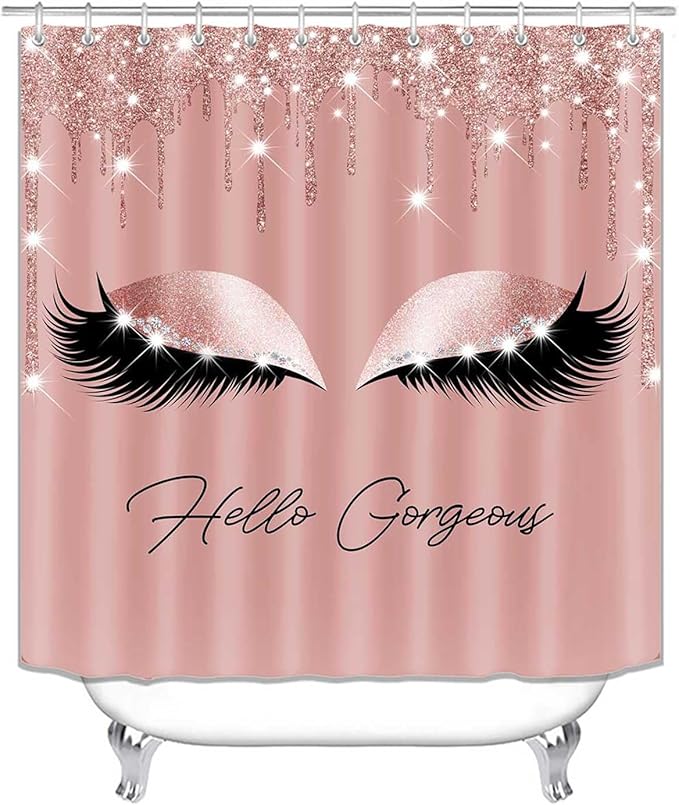4PCS Hello Gorgeous Shower Curtain Set, Eyelash Makeup Glam Fashion Girly Pink Bathroom Decor for Women Girls, Waterproof Fabric Shower Curtain, Non-Slip Bath Mat Toilet Rug, Rose Gold Glitter-Velvo Beauty