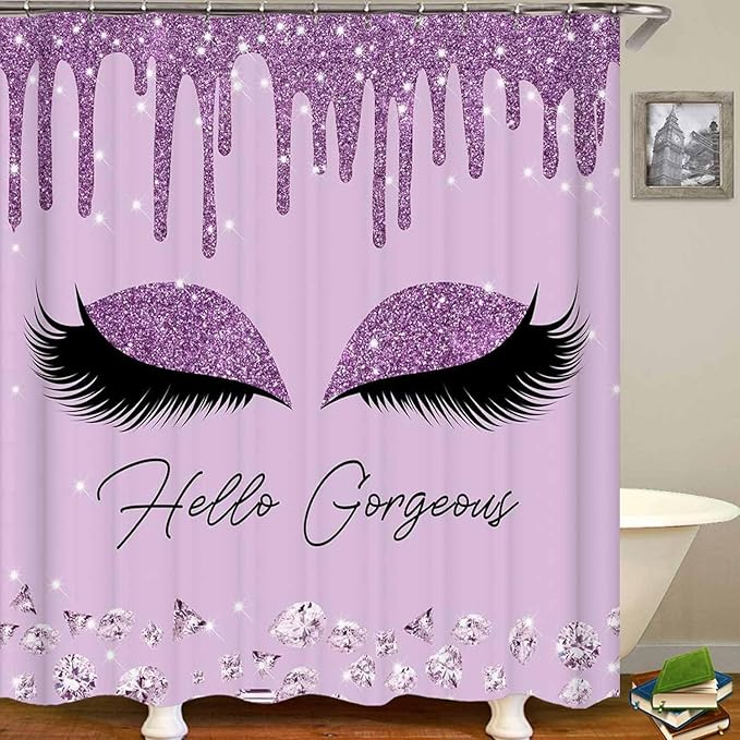 4PCS Purple Glitter Hello Gorgeous Shower Curtain Set, Glam Bling Diamond Rhinestones Gem Makeup Unicorn Eyelash Bathroom Decor, Waterproof Fabric Shower Curtain, Non-Slip Bath Mat Toilet Rug-Velvo Beauty