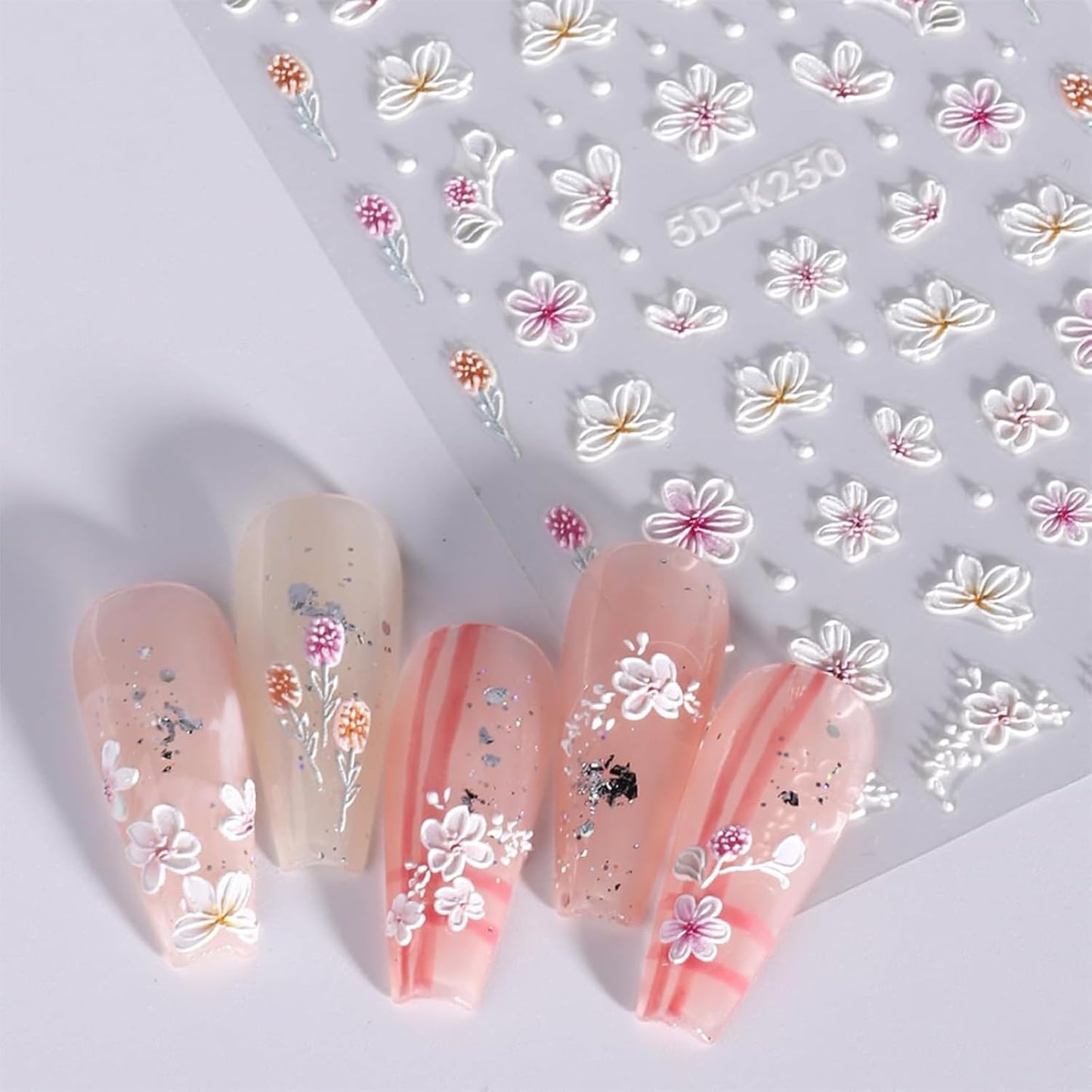 Pink Flower Nail Art Stickers Decals 5D Embossed Nail Decals Spring Summer Nails Art Design Self-Adhesive Supplies Accessories 3D Flower Stickers for Women Nails DIY Decoration-Velvo Beauty