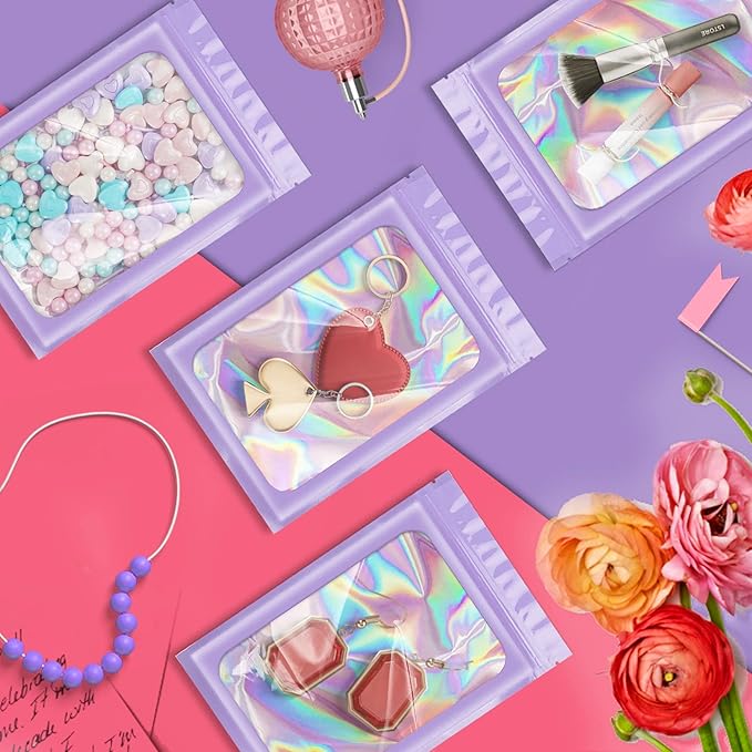 100 Pieces Smell Proof Mylar Bags, Holographic Packaging Bags, Resealable Odor Foil Pouch Zipper Bag with Clear Window for Food Storage and Lipgloss, Jewelry Lash (Purple, 3 x 4.7 Inch)-Velvo Beauty