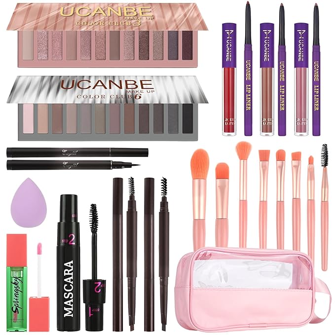 UCANBE All in One Makeup Full Kit for Women, Naked Nude Eyeshadow Palette, Matte Liquid Lipstick, Lipliner, Eyeliner, Mascara, Eyebrow Pencil, Makeup Brush & Sponge, Make Up Gift Set-Velvo Beauty