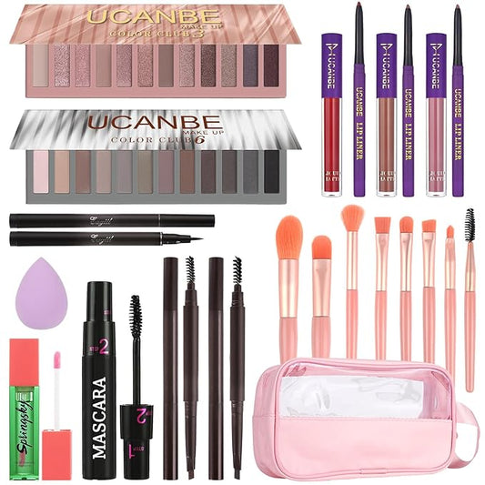 UCANBE All in One Makeup Full Kit for Women, Naked Nude Eyeshadow Palette, Matte Liquid Lipstick, Lipliner, Eyeliner, Mascara, Eyebrow Pencil, Makeup Brush & Sponge, Make Up Gift Set-Velvo Beauty
