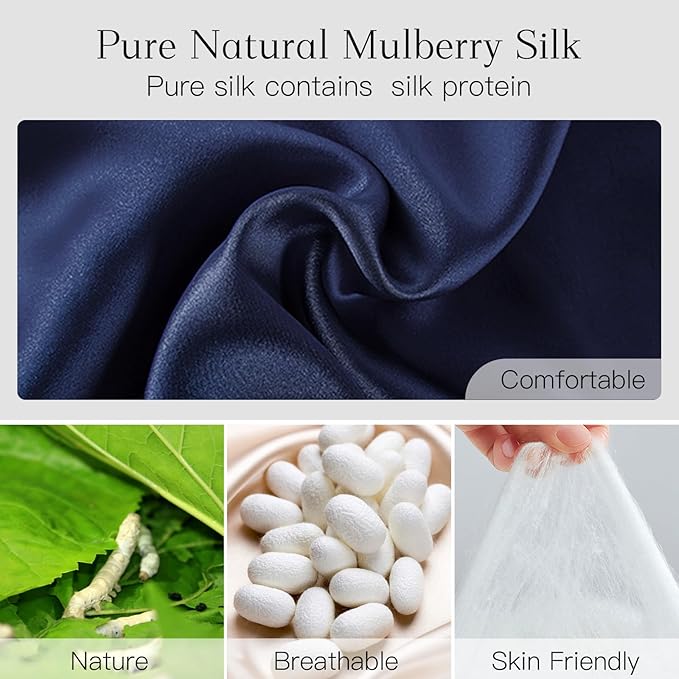 100% Natural Silk Eye Mask for Women Men, Soft Pressureless Cooling Blackout Eye Covers for Sleeping, Large Size Sleep Mask fits All Heads Adjustable, 1PC, Navy Blue-Velvo Beauty