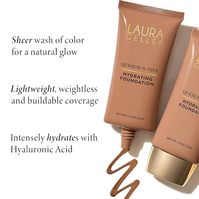 LAURA GELLER NEW YORK Quench-n-Tint Hydrating Foundation - Medium/Deep - Sheer to Light Buildable Coverage - Natural Glow Finish - Lightweight Formula with Hyaluronic Acid-Velvo Beauty