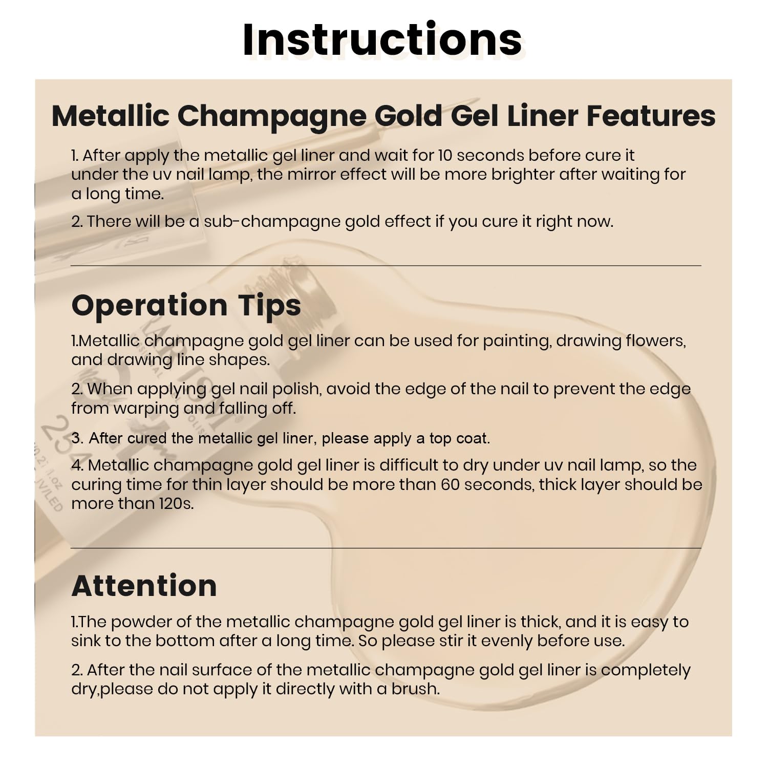 RARJSM Metallic Chrome Gel Liner Nail Art Champagne Gold 3D Mirror Effect Gel Nail Polish 8ml Build in Thin Brush Metal Painted Drawing Striper Painting GelPolish Soak off Curing Requires Home Salon-Velvo Beauty