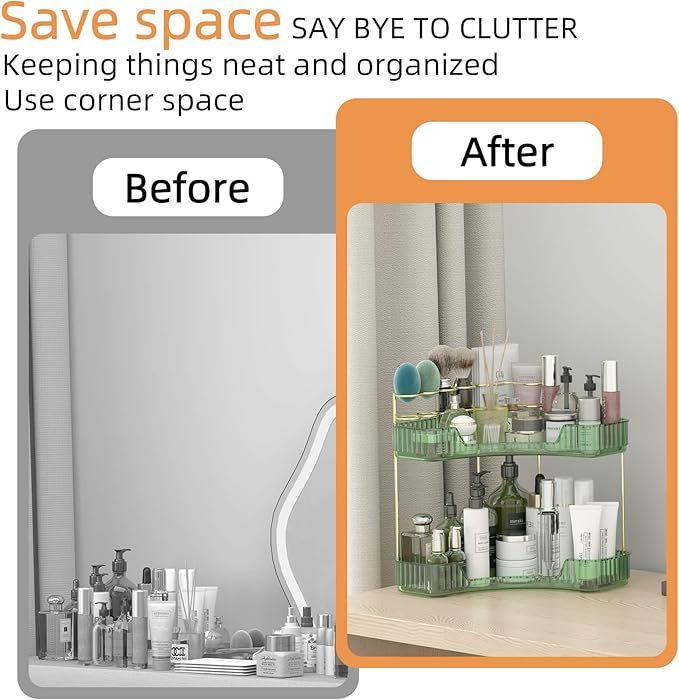 2 Tier Corner Bathroom Organizer Countertop, Vanity Makeup Organizer with Brush Holder, Space-Saving Skincare Storage Corner Shelf for Bathroom, Dressing Table, Kitchen-Velvo Beauty