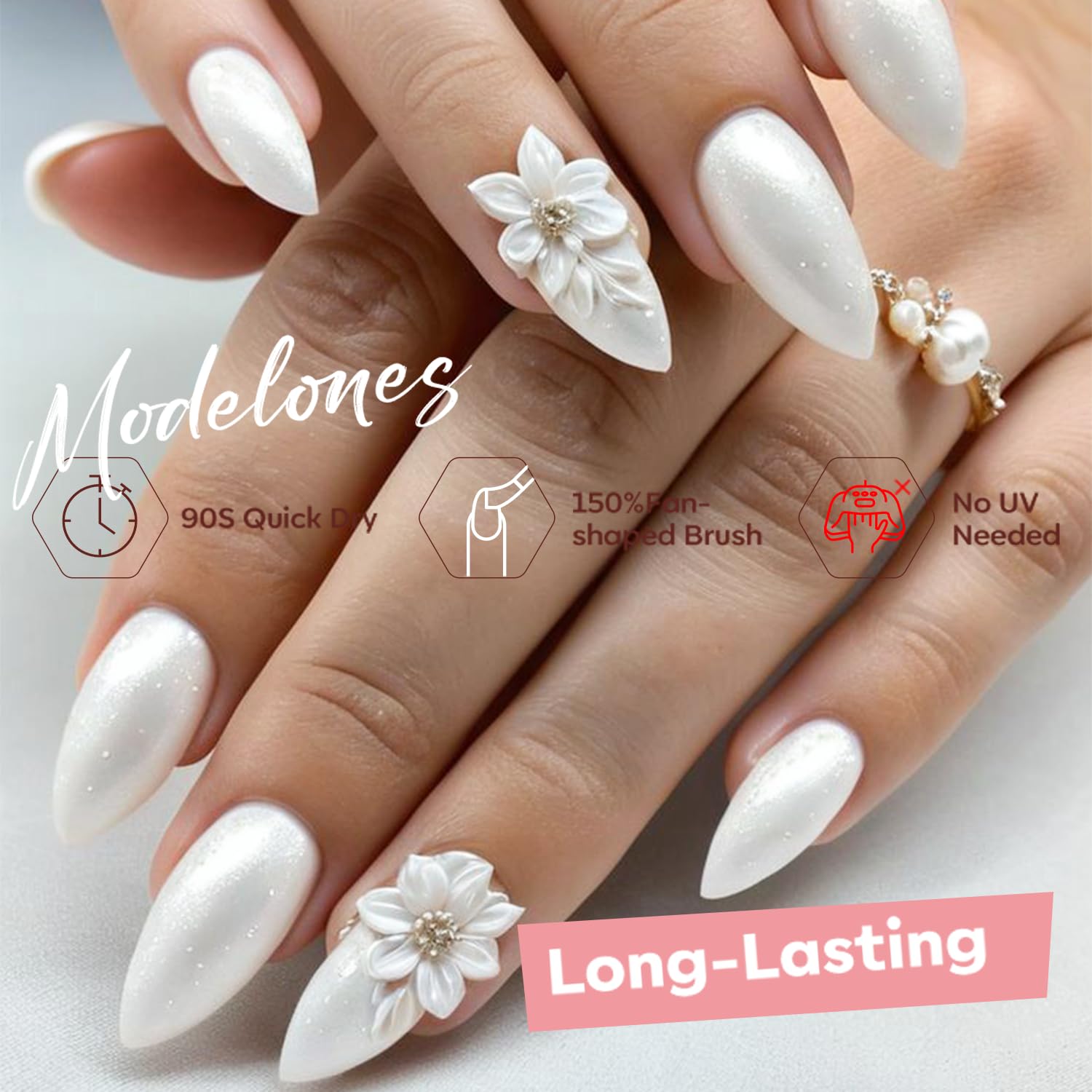 modelones Pearl White Nail Polish, Shimmer Glitter White 15 ml Quick Dry Nail Lacquer Strengthener Long Last Shine Fingernail Toe Nail Art DIY Home Travel Manicure Gift for Women Girls 0.5 Fl Oz-Velvo Beauty