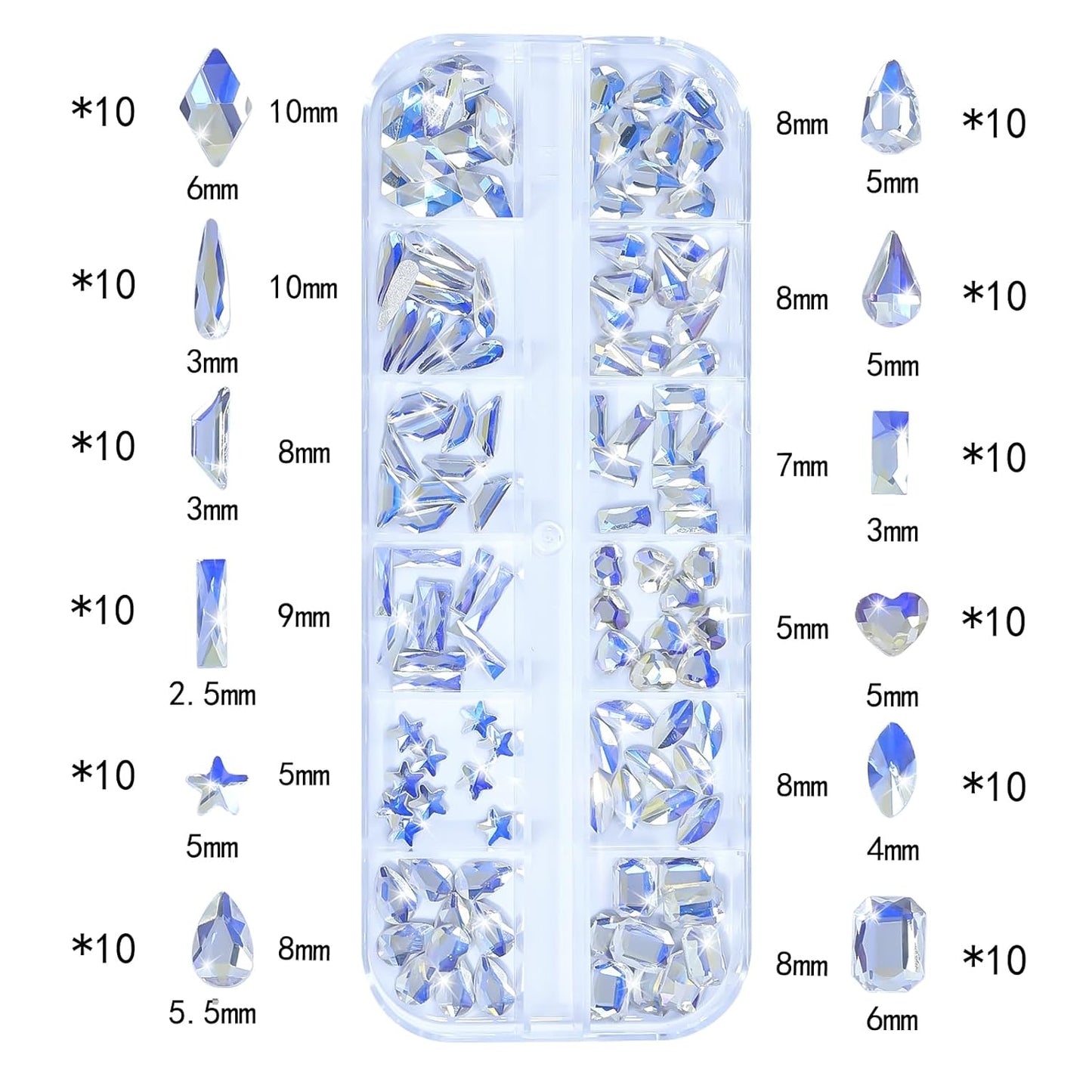HNUIX Nail Rhinestones - 3D Multi Shape Size, Crystal Blue Moonlight Nail Gems, Flat Back, with Kit, for Nail Art, DIY Decorations-Velvo Beauty