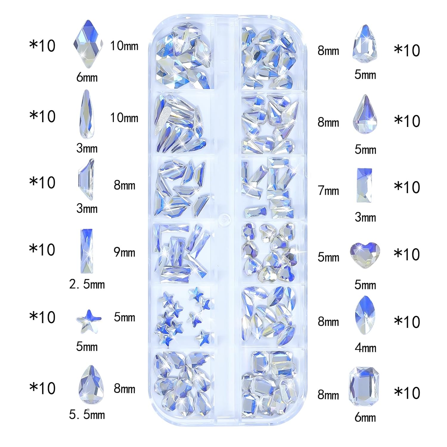 HNUIX Nail Rhinestones - 3D Multi Shape Size, Crystal Blue Moonlight Nail Gems, Flat Back, with Kit, for Nail Art, DIY Decorations-Velvo Beauty