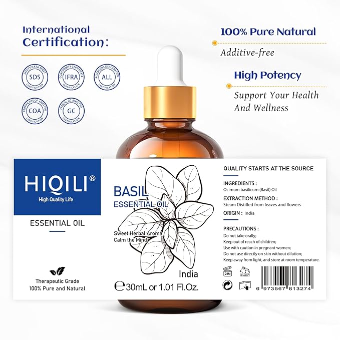 HIQILI 1 Fl Oz Basil Essential Oil, 100% Pure Undiluted for Skin, Diffuser - 30ml-Velvo Beauty